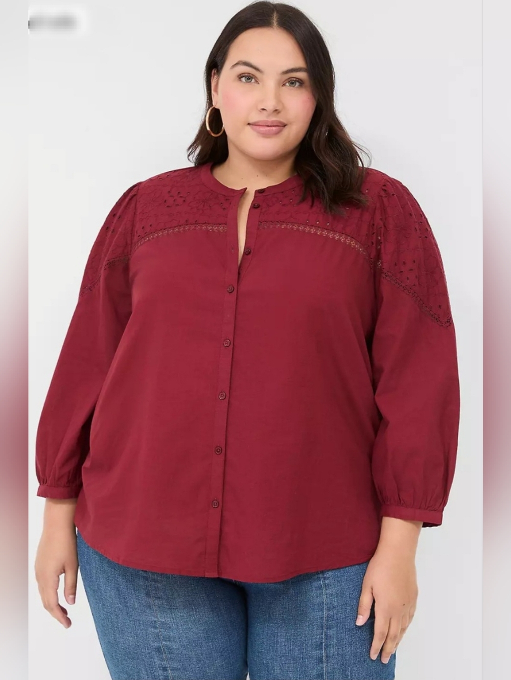 Lane Bryant 100% Cotton Button-Front Eyelet Yoke Blouse Cabernet/Burgundy 20